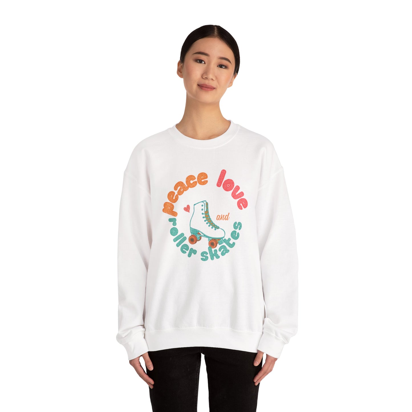 Crewneck Sweatshirt — "Peace, Love & Roller Skates" Retro Roller Skate Graphic