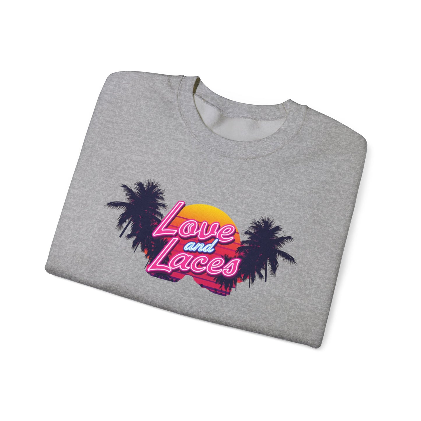 Crewneck Sweatshirt — "Love and Laces" Retro Palm Beach Graphic