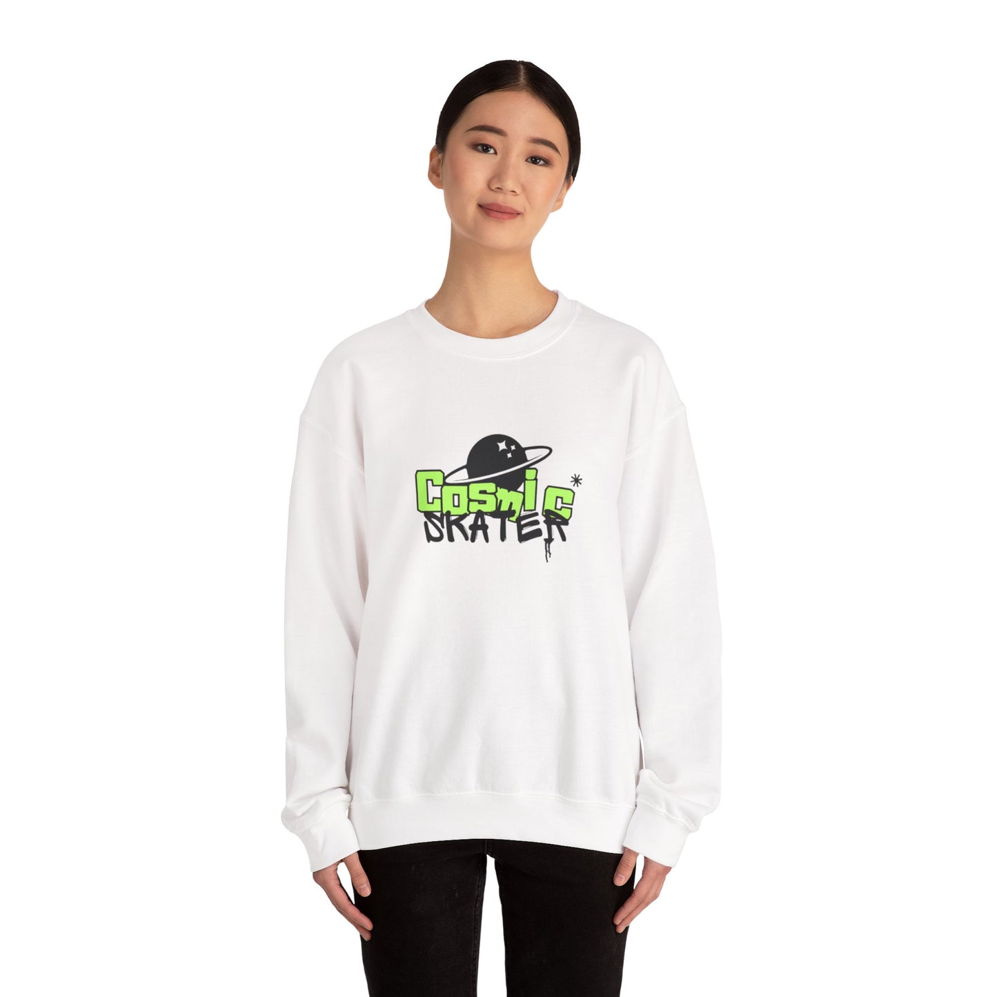 Crewneck Sweatshirt - "Cosmic Skater" Neon Planet Skate Graphic