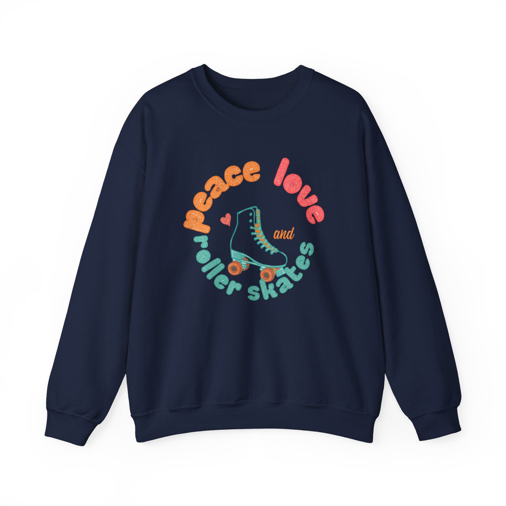 Crewneck Sweatshirt — "Peace, Love & Roller Skates" Retro Roller Skate Graphic