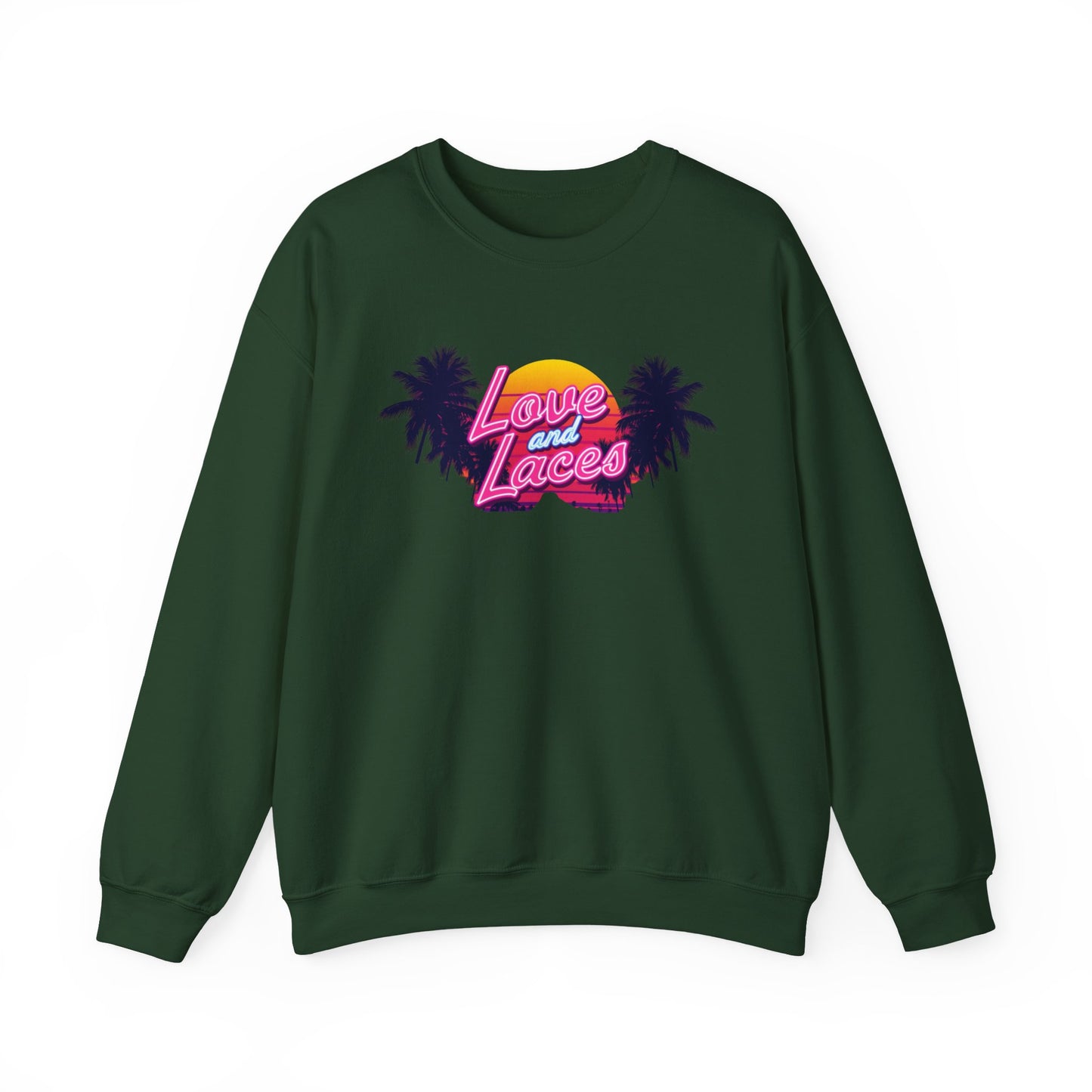 Crewneck Sweatshirt — "Love and Laces" Retro Palm Beach Graphic