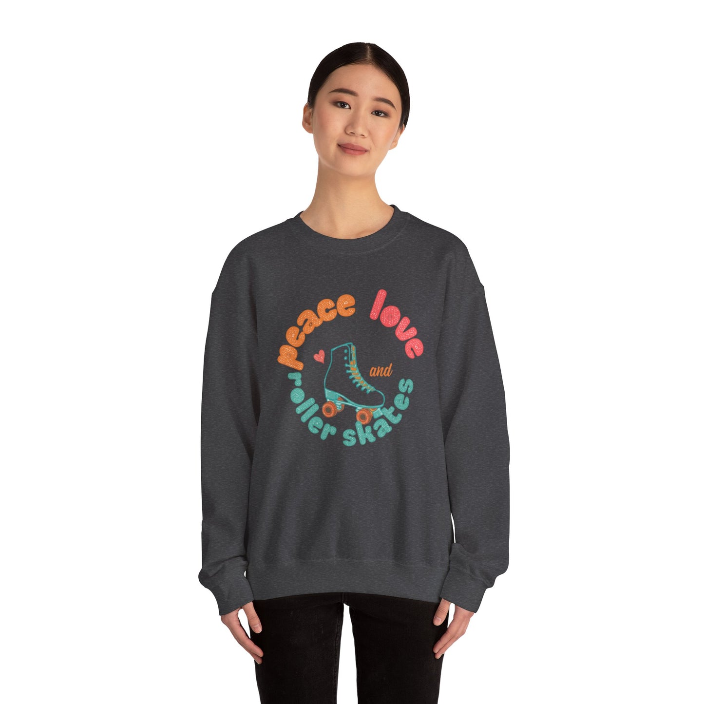 Crewneck Sweatshirt — "Peace, Love & Roller Skates" Retro Roller Skate Graphic