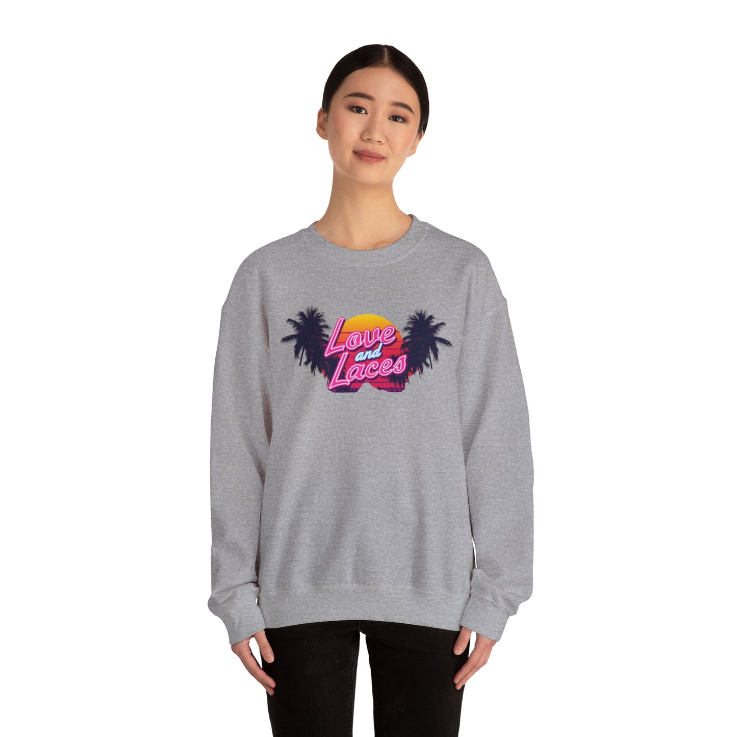 Crewneck Sweatshirt — "Love and Laces" Retro Palm Beach Graphic