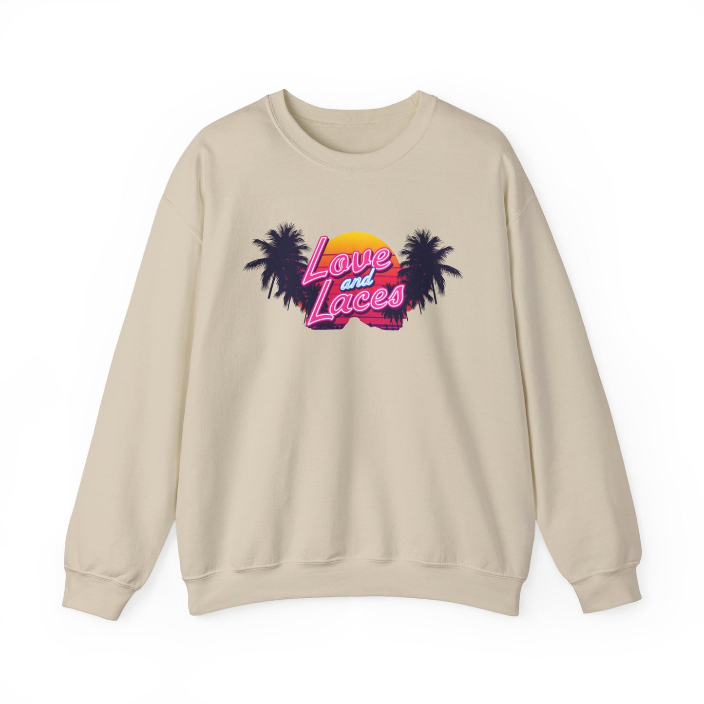 Crewneck Sweatshirt — "Love and Laces" Retro Palm Beach Graphic
