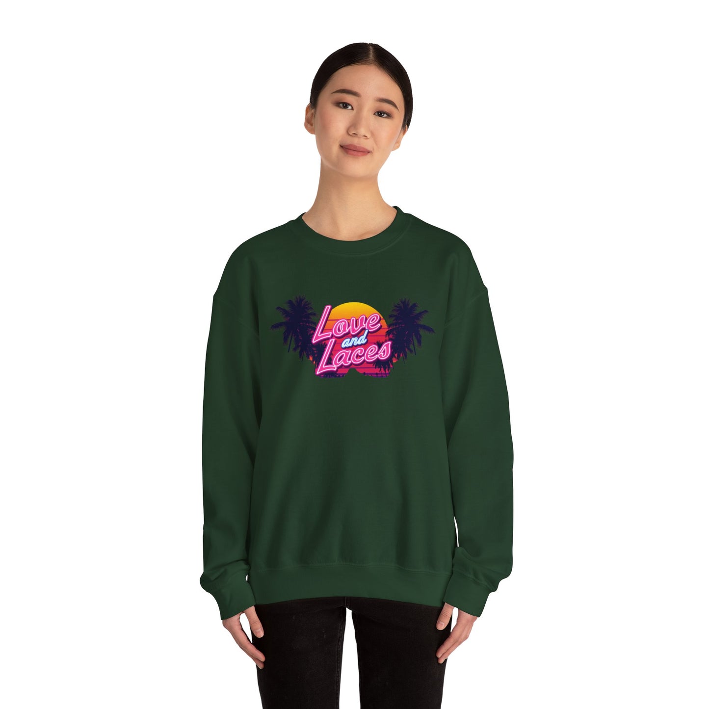 Crewneck Sweatshirt — "Love and Laces" Retro Palm Beach Graphic