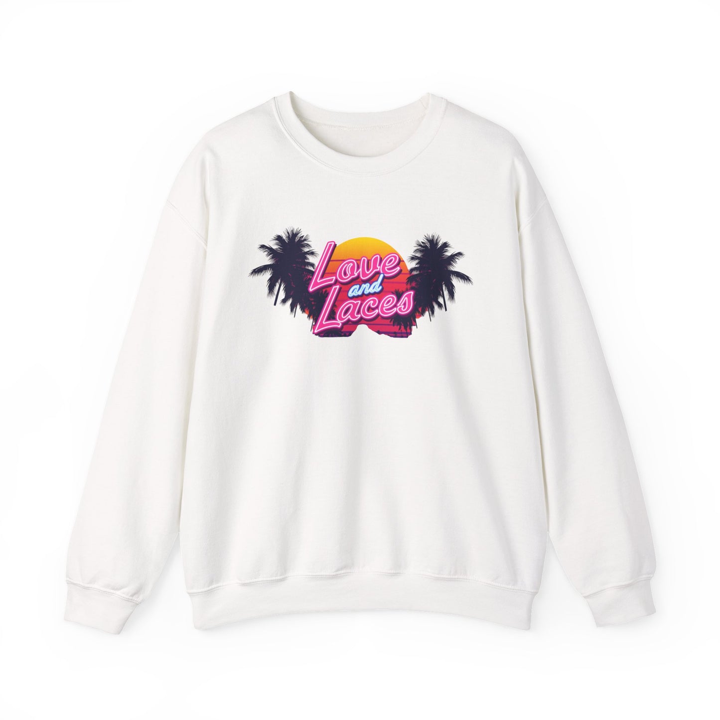 Crewneck Sweatshirt — "Love and Laces" Retro Palm Beach Graphic