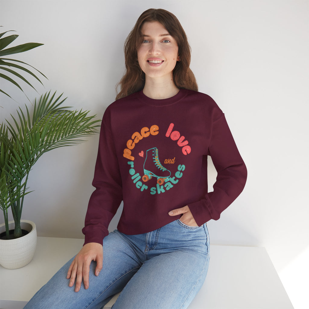 Crewneck Sweatshirt — "Peace, Love & Roller Skates" Retro Roller Skate Graphic