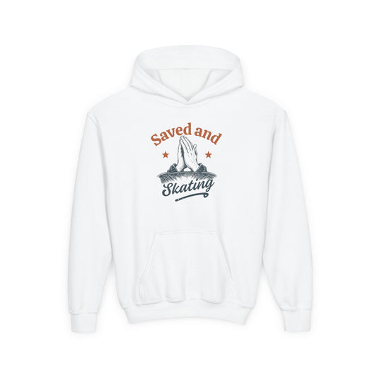 Youth Hoodie — "Saved and Skating" Praying Hands Skateboard Christian Hoodie