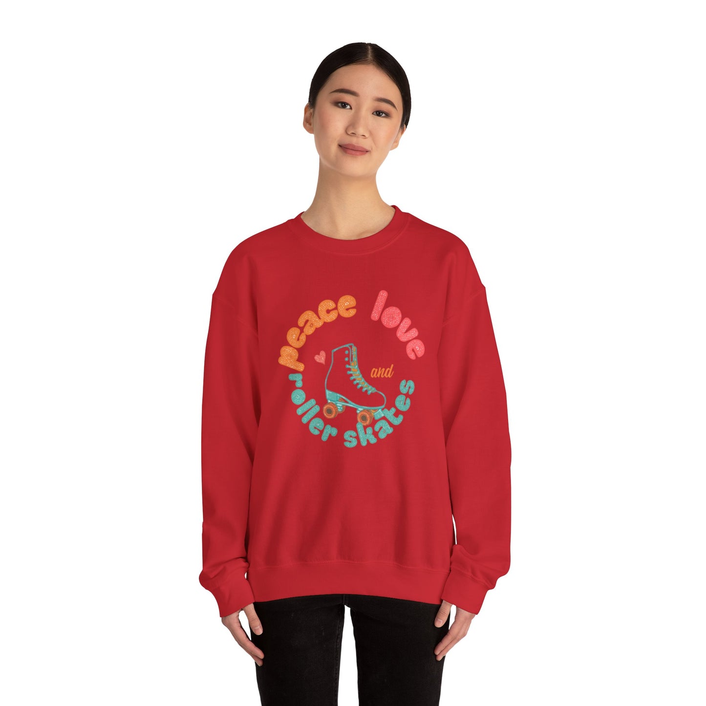 Crewneck Sweatshirt — "Peace, Love & Roller Skates" Retro Roller Skate Graphic