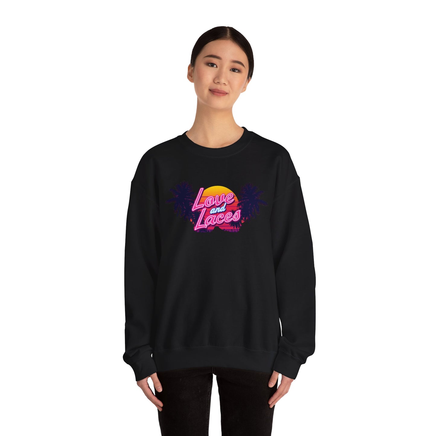 Crewneck Sweatshirt — "Love and Laces" Retro Palm Beach Graphic