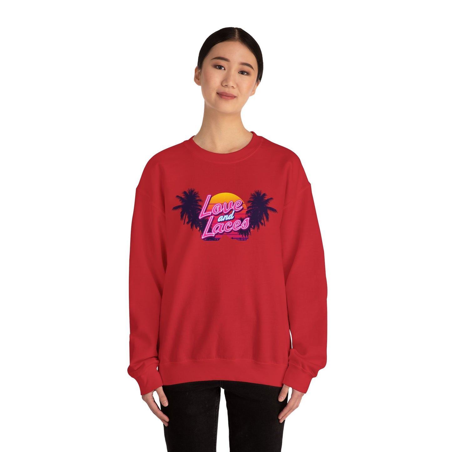 Crewneck Sweatshirt — "Love and Laces" Retro Palm Beach Graphic