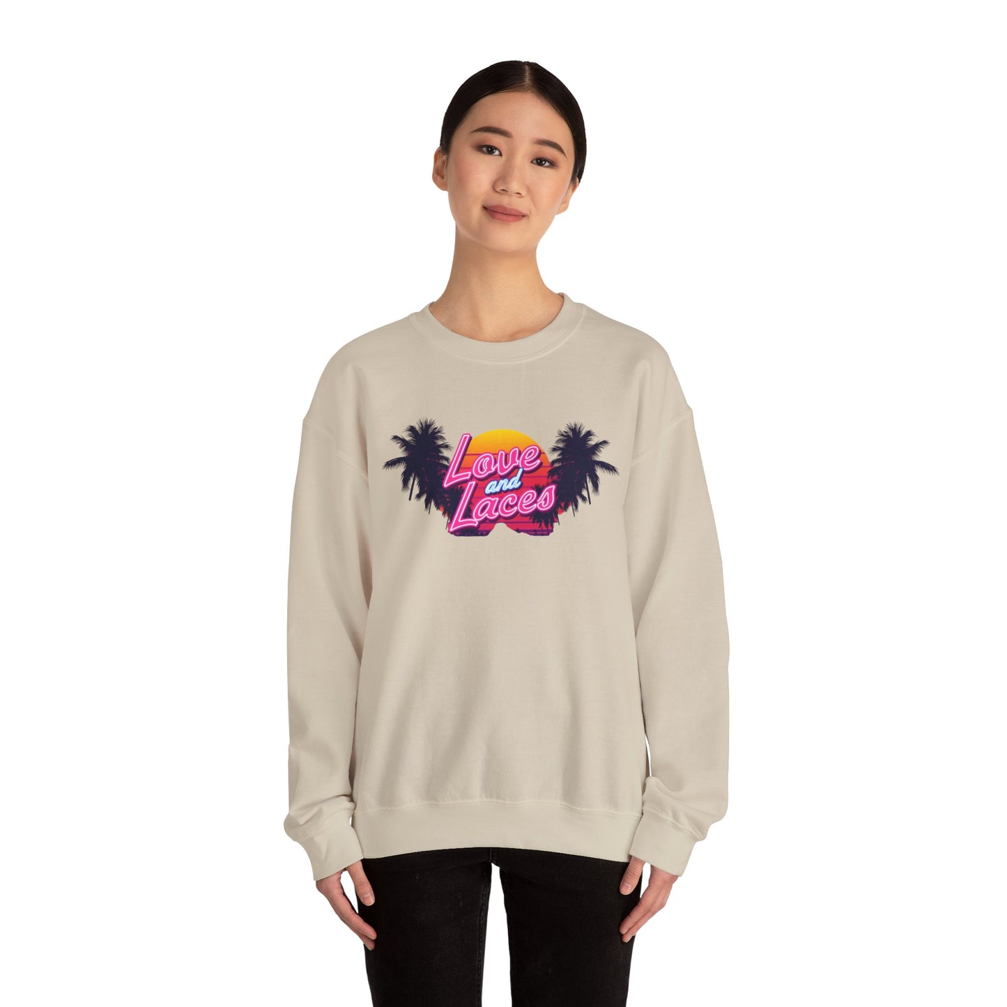 Crewneck Sweatshirt — "Love and Laces" Retro Palm Beach Graphic