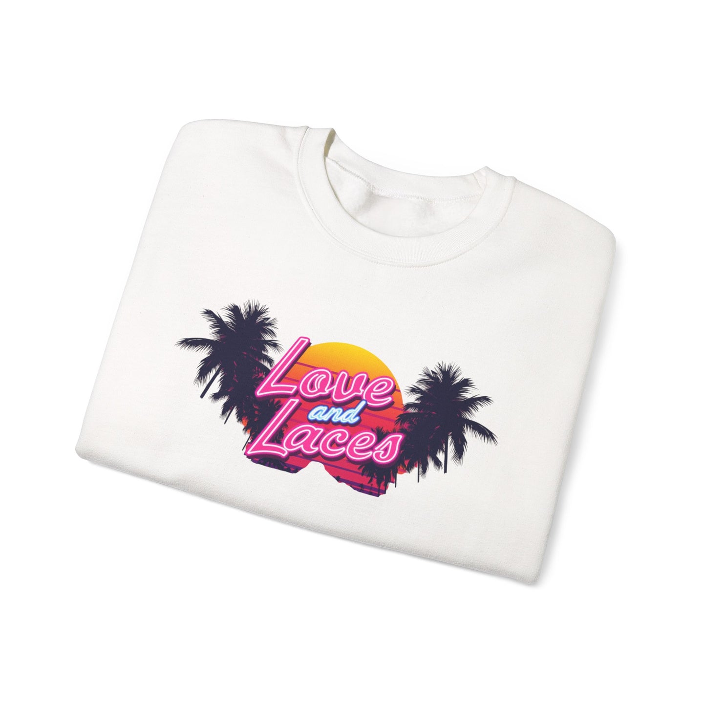 Crewneck Sweatshirt — "Love and Laces" Retro Palm Beach Graphic