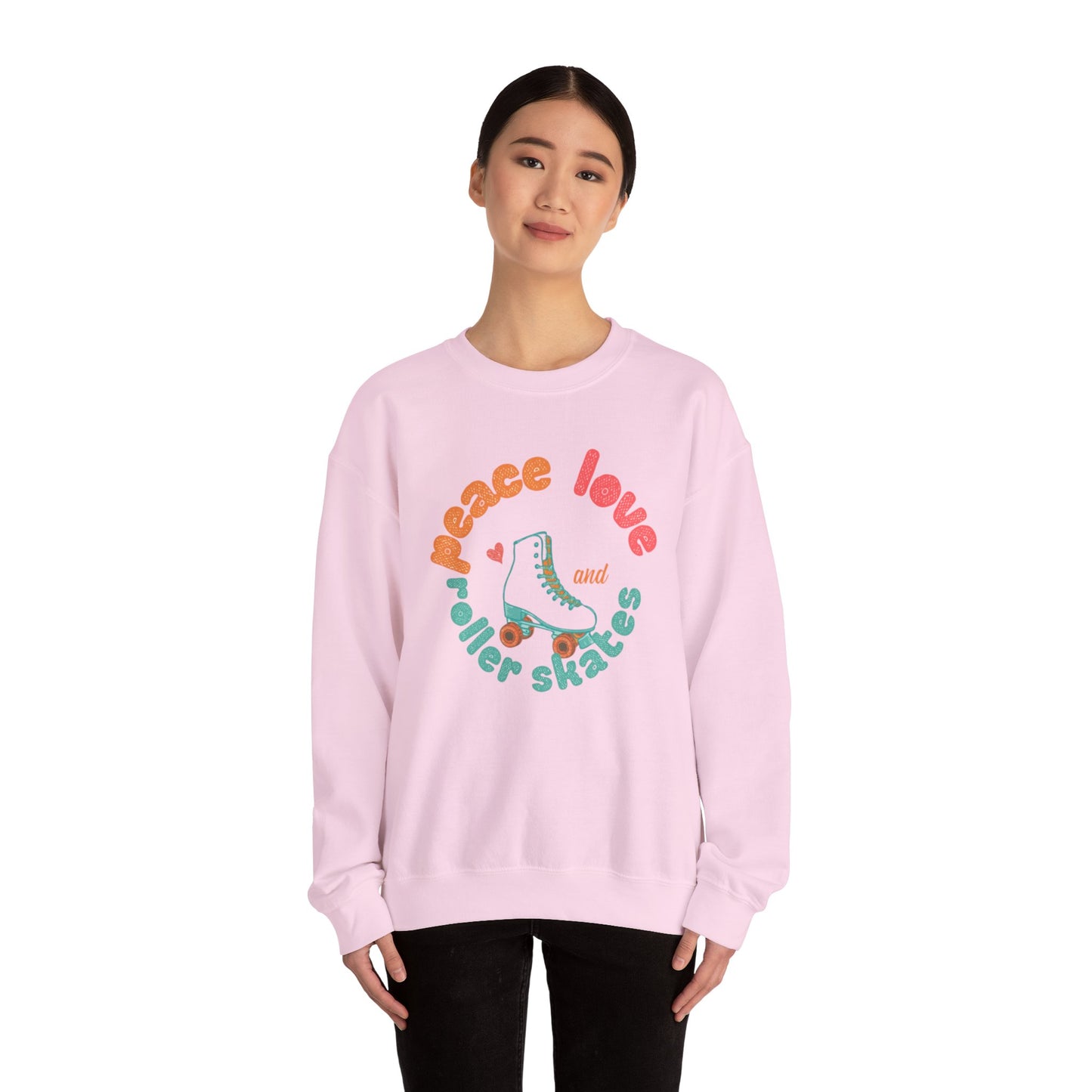 Crewneck Sweatshirt — "Peace, Love & Roller Skates" Retro Roller Skate Graphic
