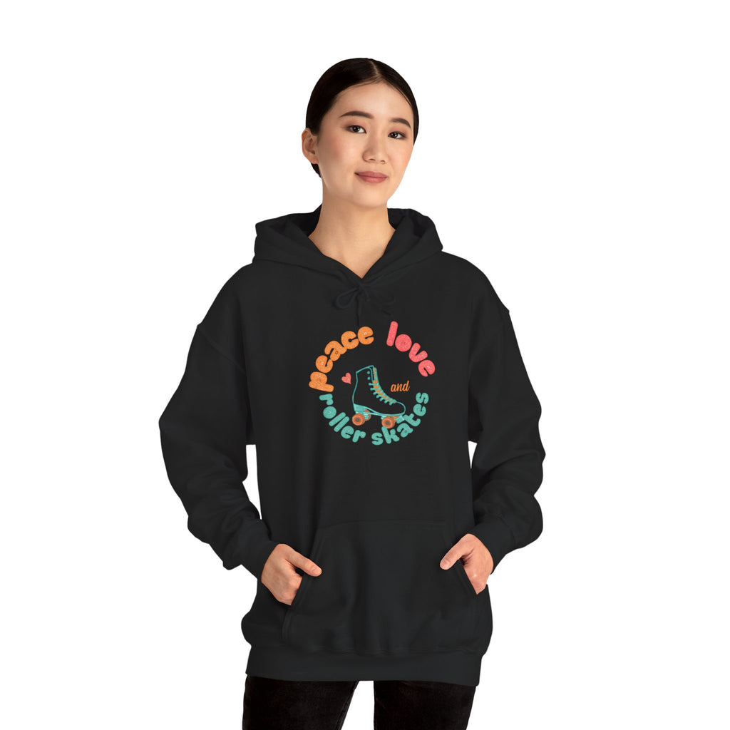 Peace, Love & Roller Skates Hoodie — Retro Roller Skating Graphic Sweatshirt