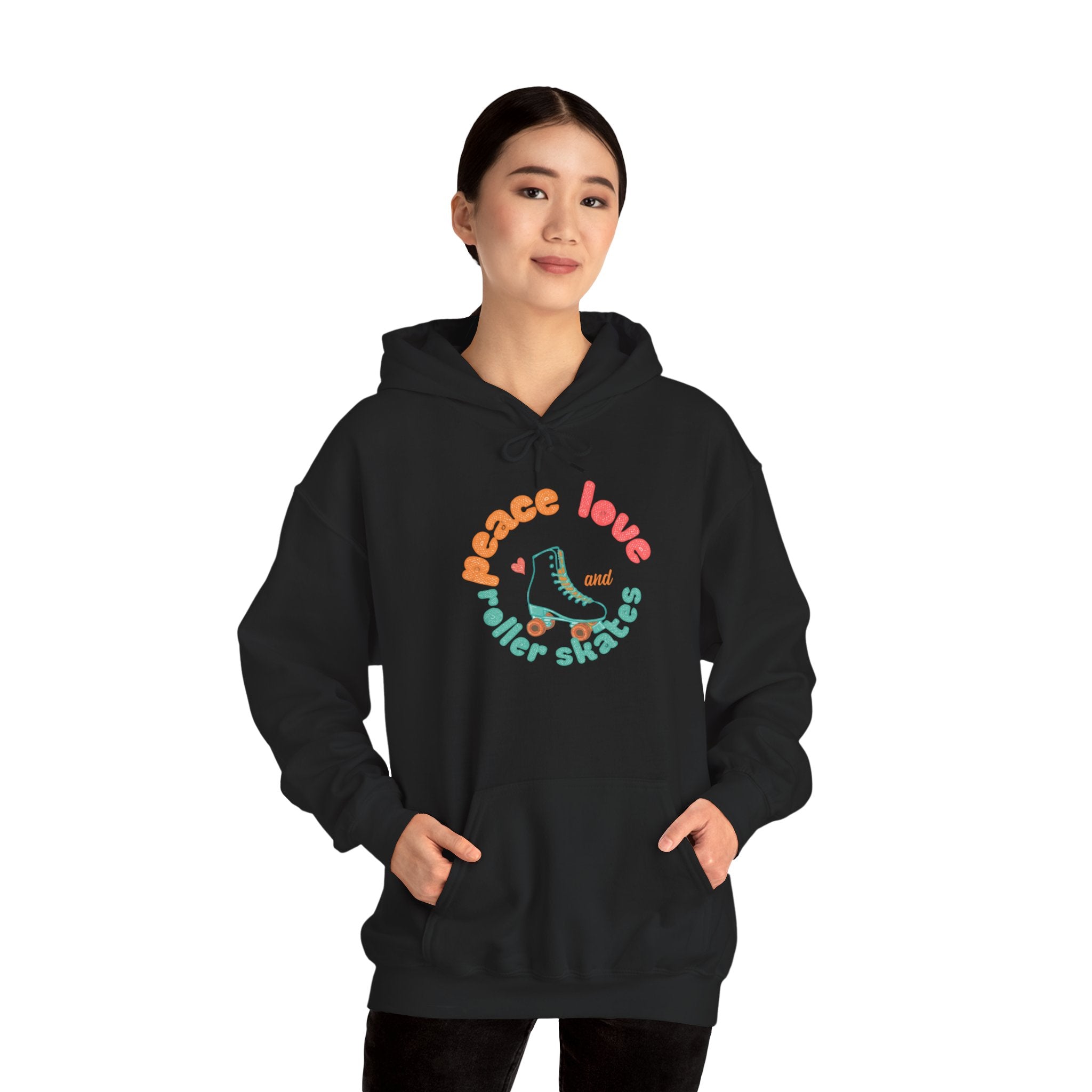 Peace, Love & Roller Skates Hoodie — Retro Roller Skating Graphic Sweatshirt