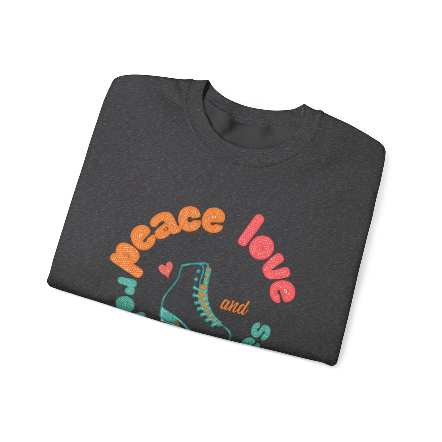 Crewneck Sweatshirt — "Peace, Love & Roller Skates" Retro Roller Skate Graphic