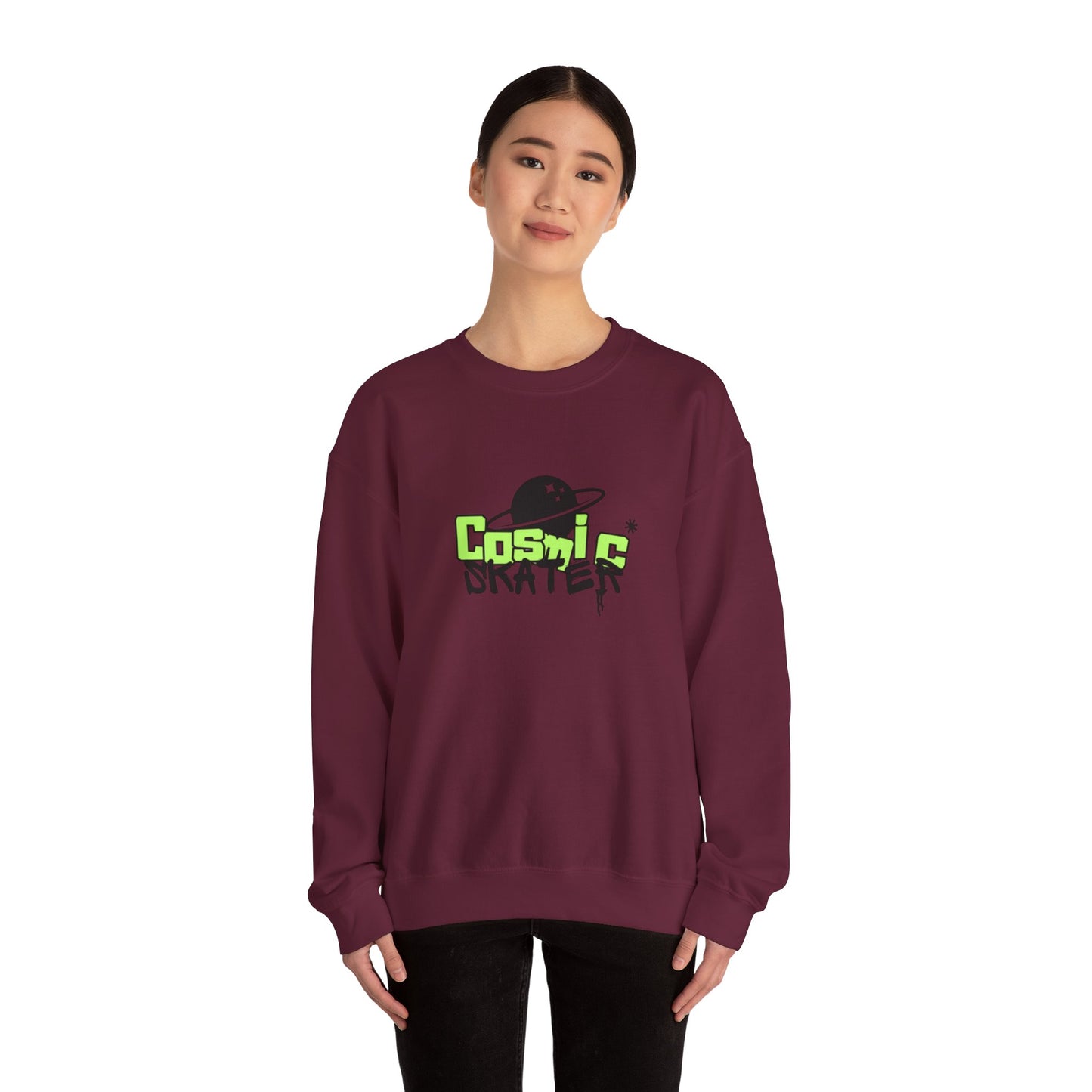 Crewneck Sweatshirt - "Cosmic Skater" Neon Planet Skate Graphic
