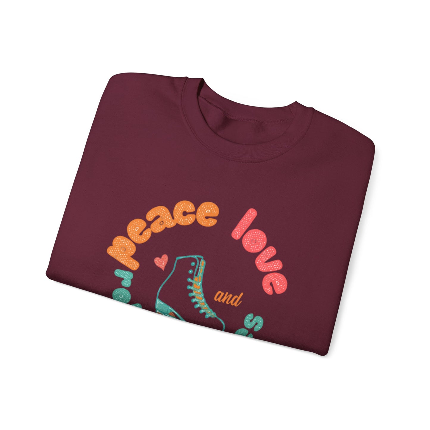 Crewneck Sweatshirt — "Peace, Love & Roller Skates" Retro Roller Skate Graphic