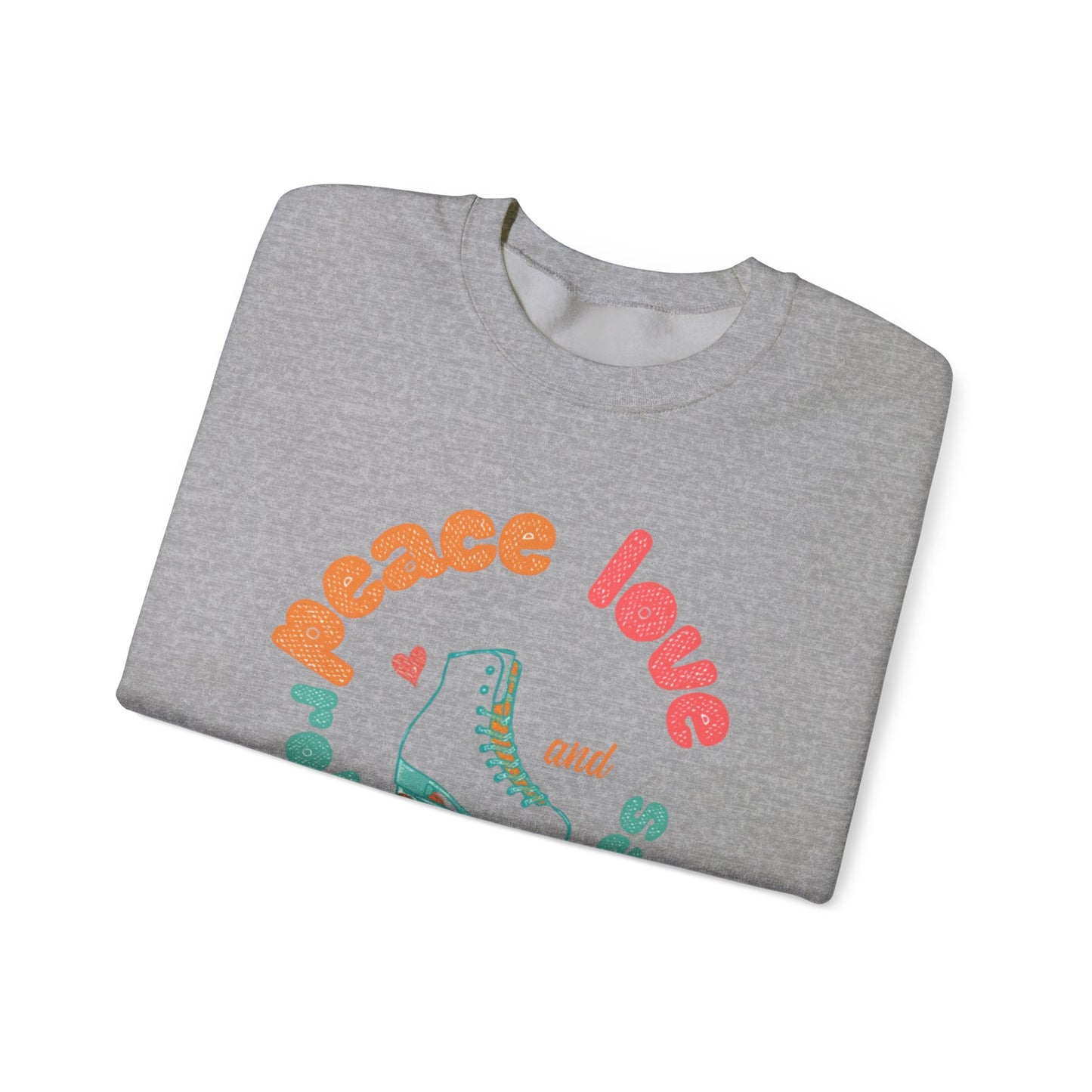 Crewneck Sweatshirt — "Peace, Love & Roller Skates" Retro Roller Skate Graphic