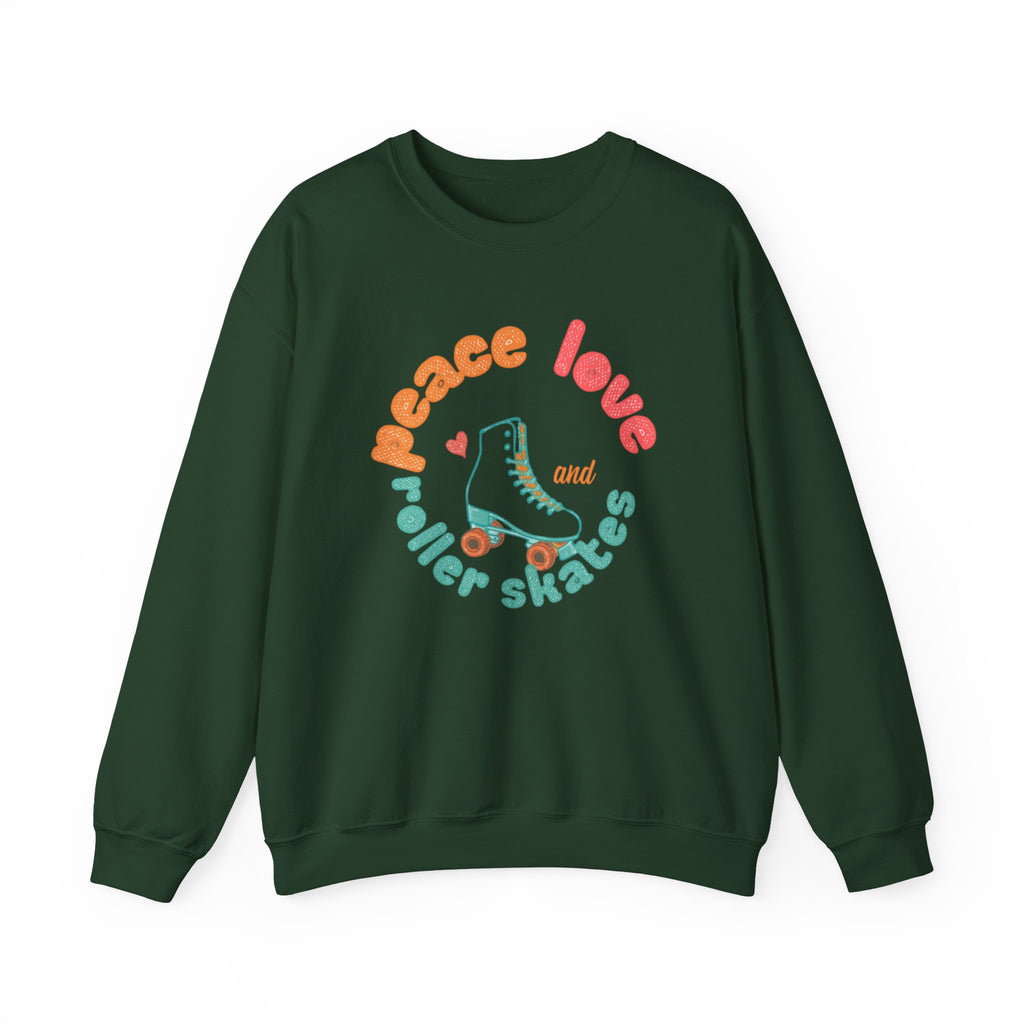 Crewneck Sweatshirt — "Peace, Love & Roller Skates" Retro Roller Skate Graphic