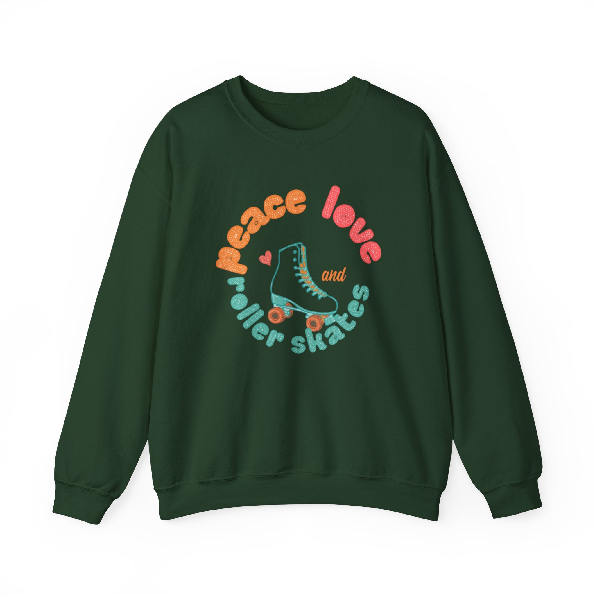 Crewneck Sweatshirt — "Peace, Love & Roller Skates" Retro Roller Skate Graphic