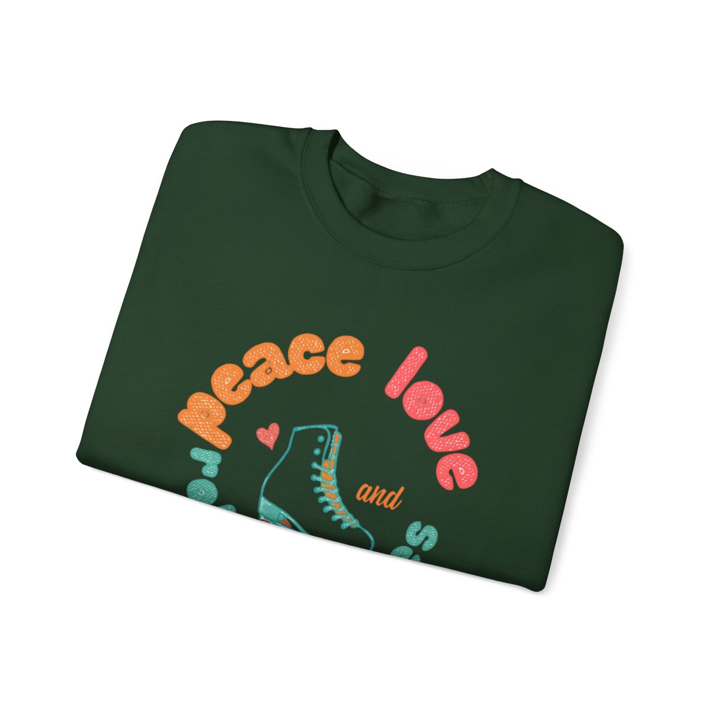 Crewneck Sweatshirt — "Peace, Love & Roller Skates" Retro Roller Skate Graphic