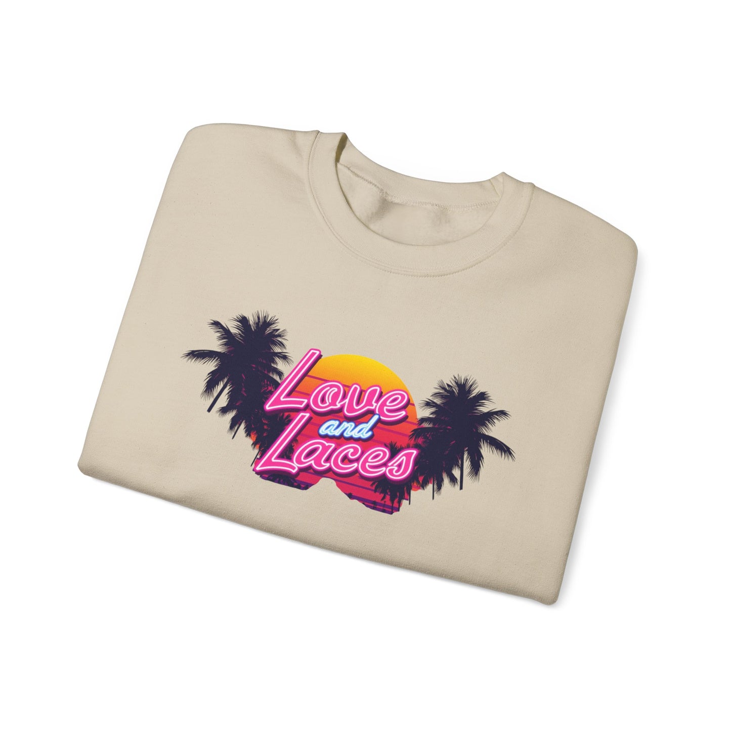 Crewneck Sweatshirt — "Love and Laces" Retro Palm Beach Graphic