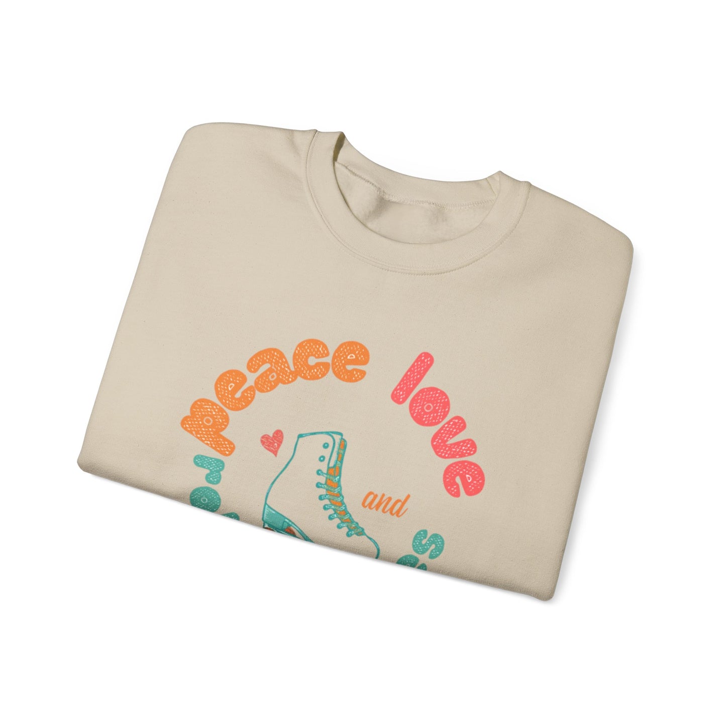 Crewneck Sweatshirt — "Peace, Love & Roller Skates" Retro Roller Skate Graphic