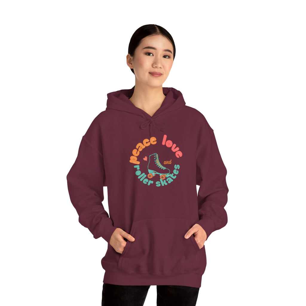 Peace, Love & Roller Skates Hoodie — Retro Roller Skating Graphic Sweatshirt