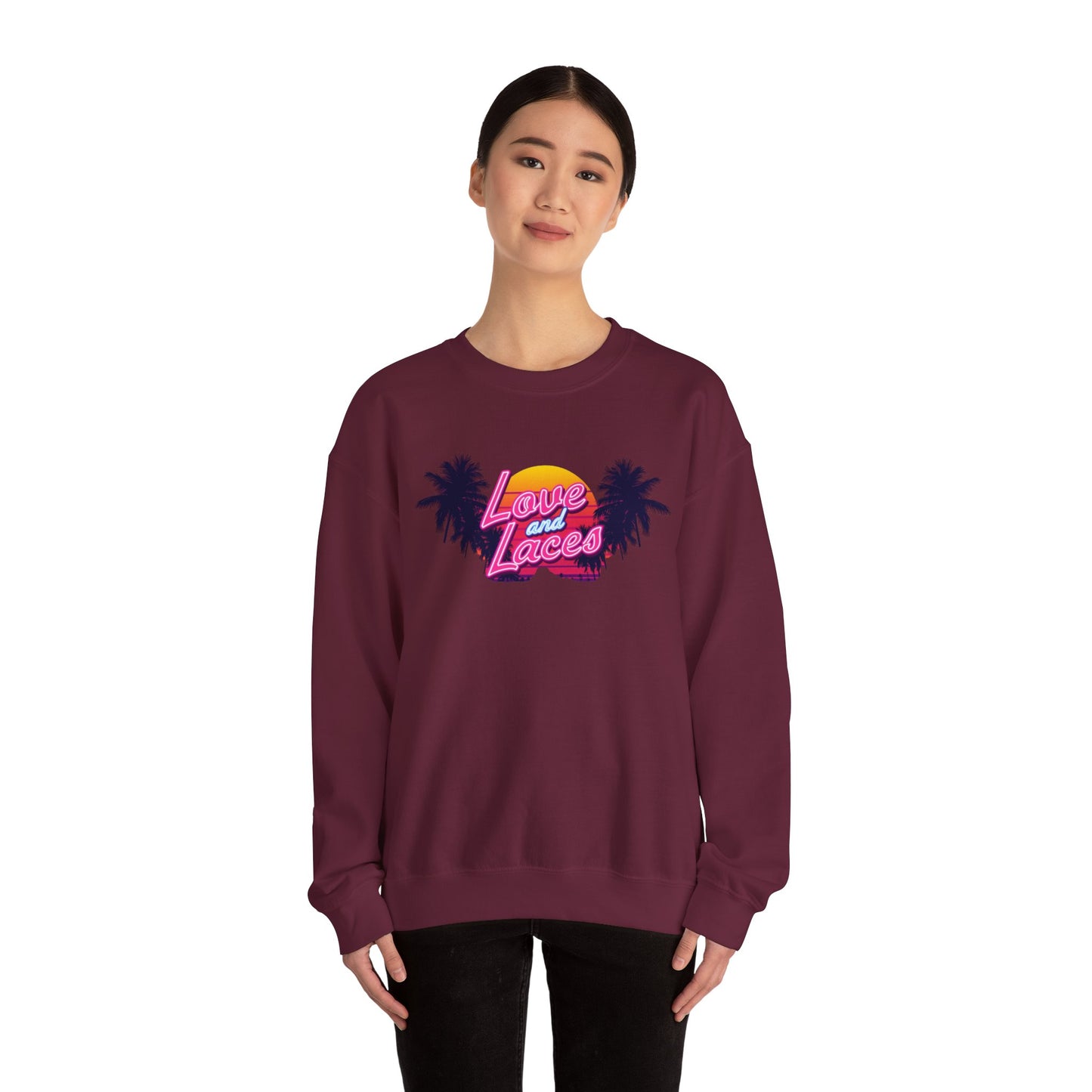 Crewneck Sweatshirt — "Love and Laces" Retro Palm Beach Graphic