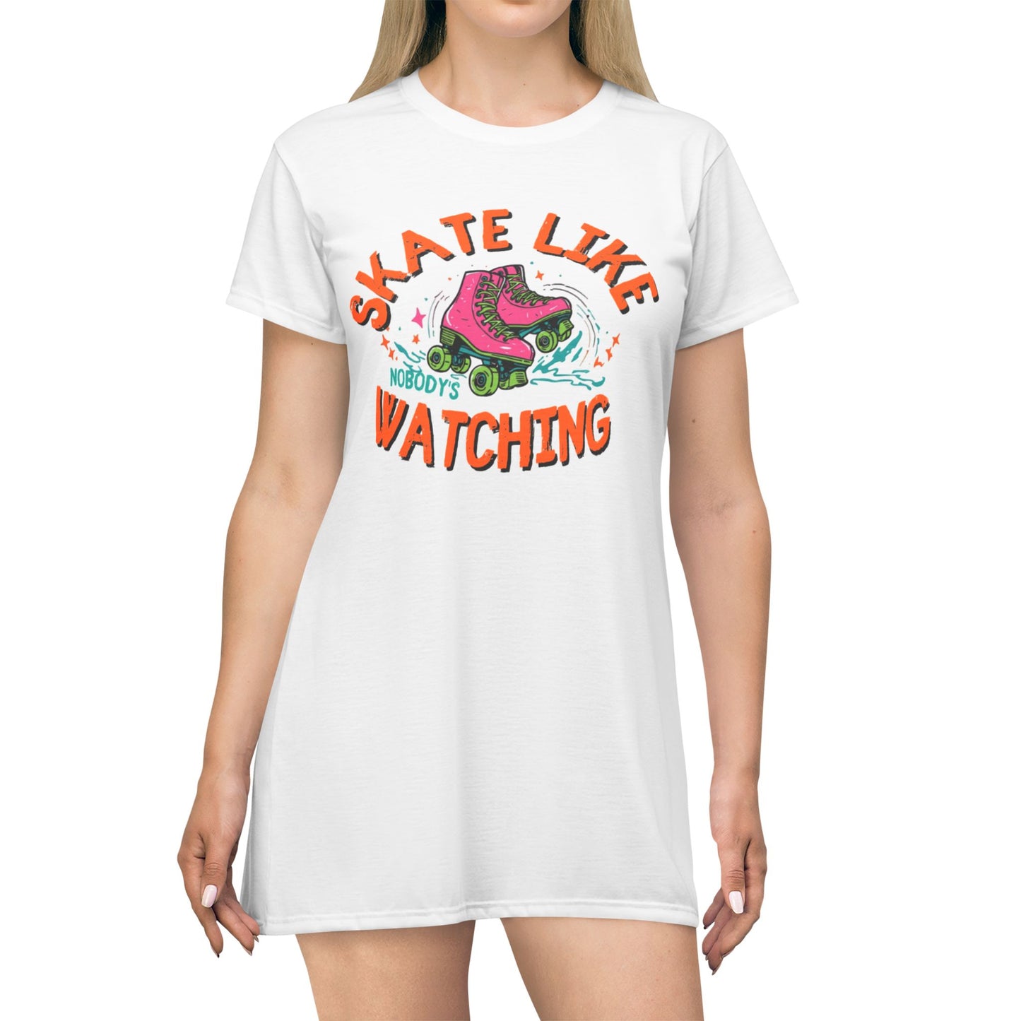 T-Shirt Dress — "Skate Like Somebody's Watching" Roller Skate Graphic Dress