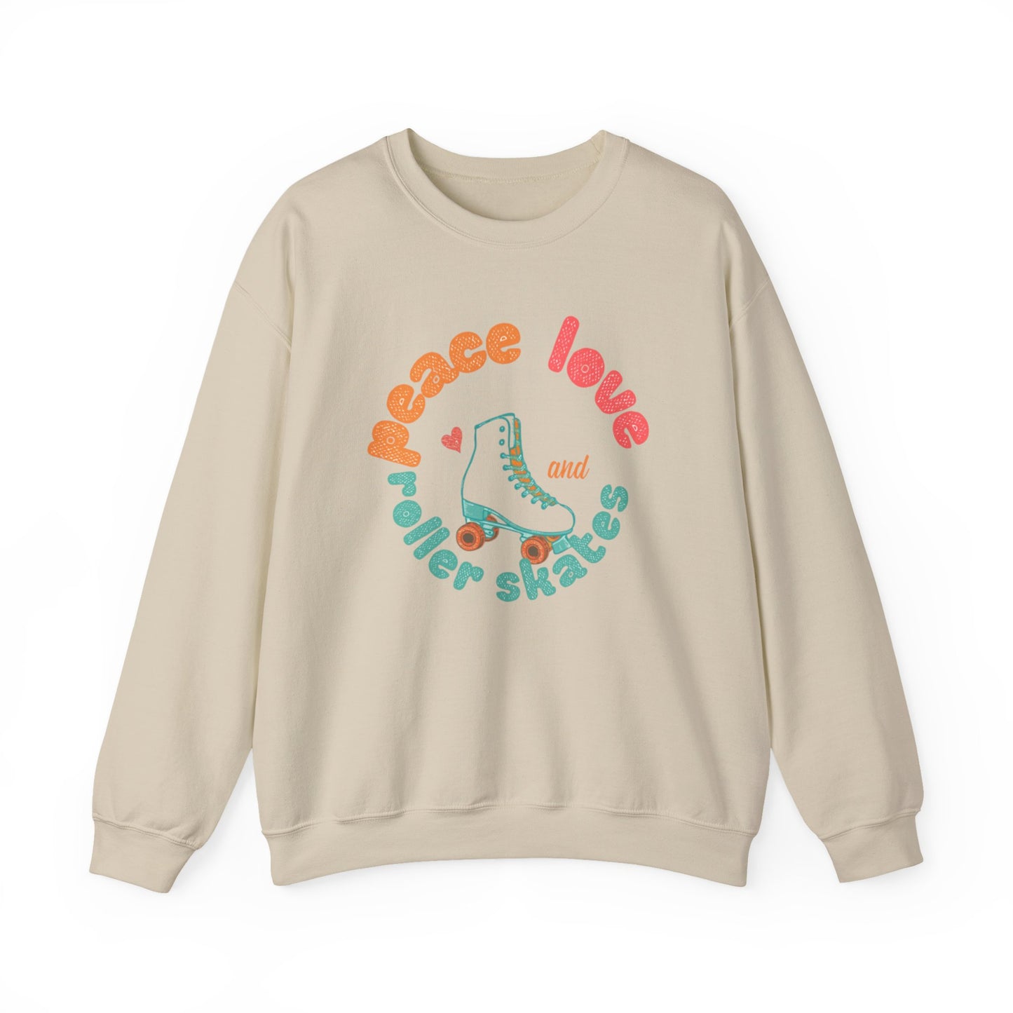 Crewneck Sweatshirt — "Peace, Love & Roller Skates" Retro Roller Skate Graphic