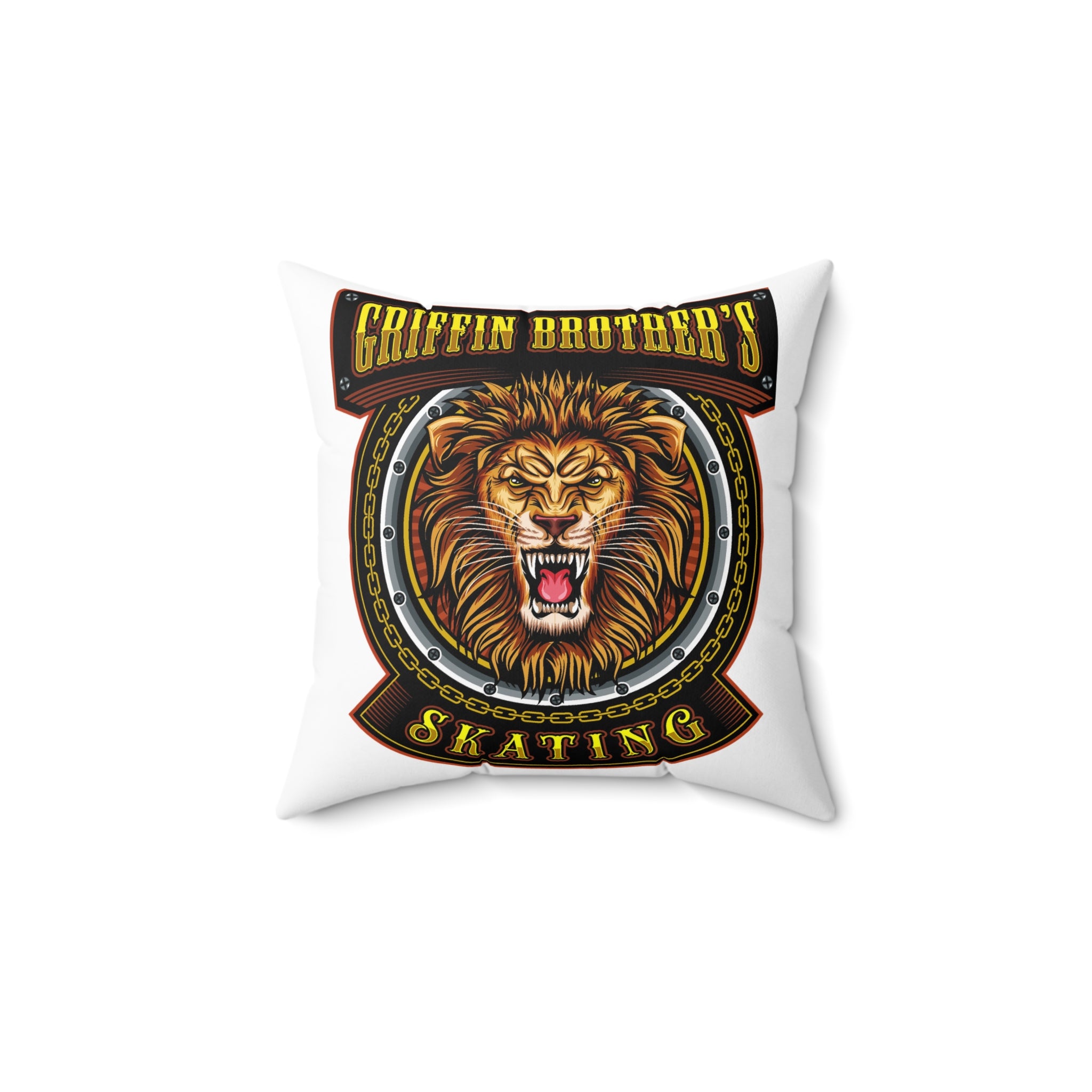 Griffin Brothers Skating Lion Throw Pillow — Bold Vintage Hockey/Skate Team Decor