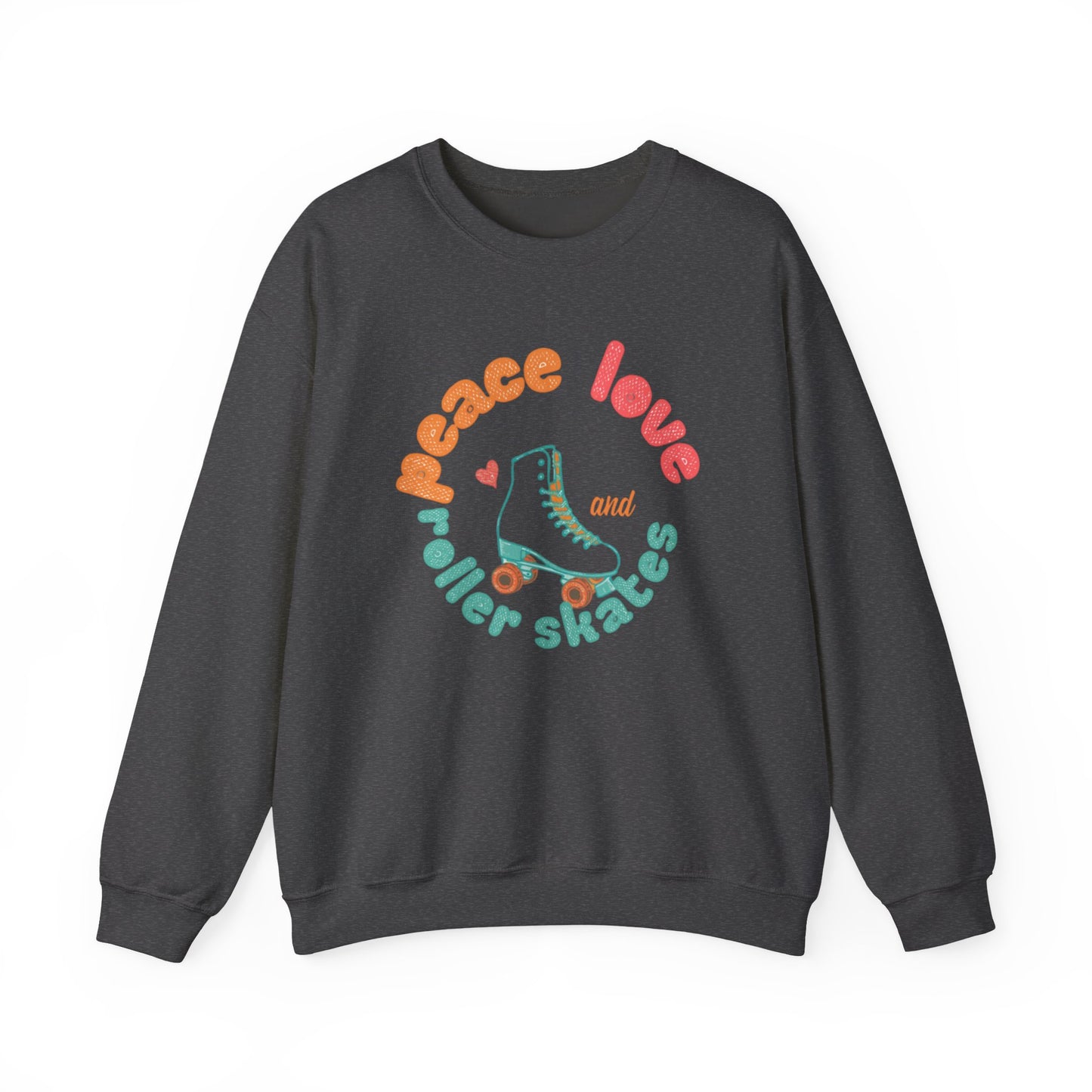 Crewneck Sweatshirt — "Peace, Love & Roller Skates" Retro Roller Skate Graphic