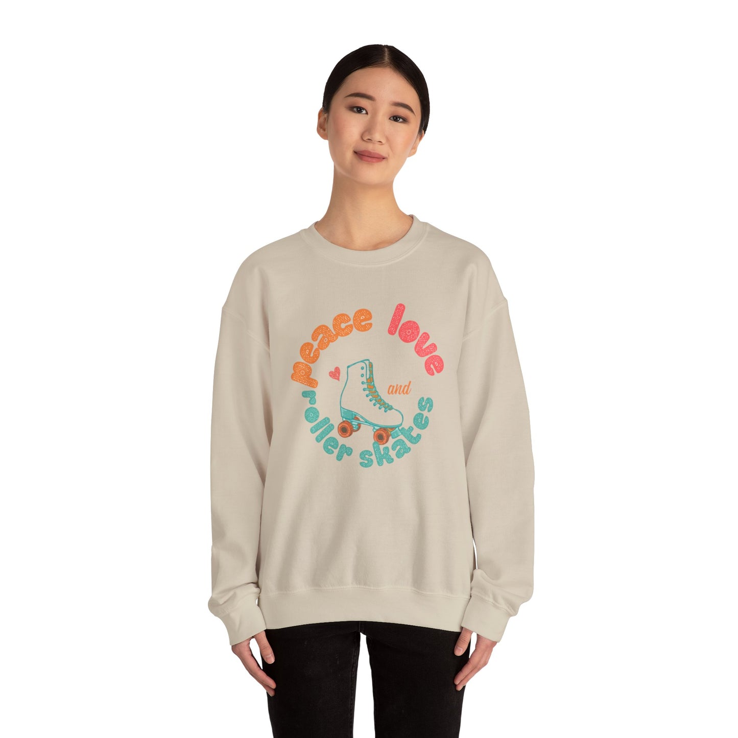 Crewneck Sweatshirt — "Peace, Love & Roller Skates" Retro Roller Skate Graphic