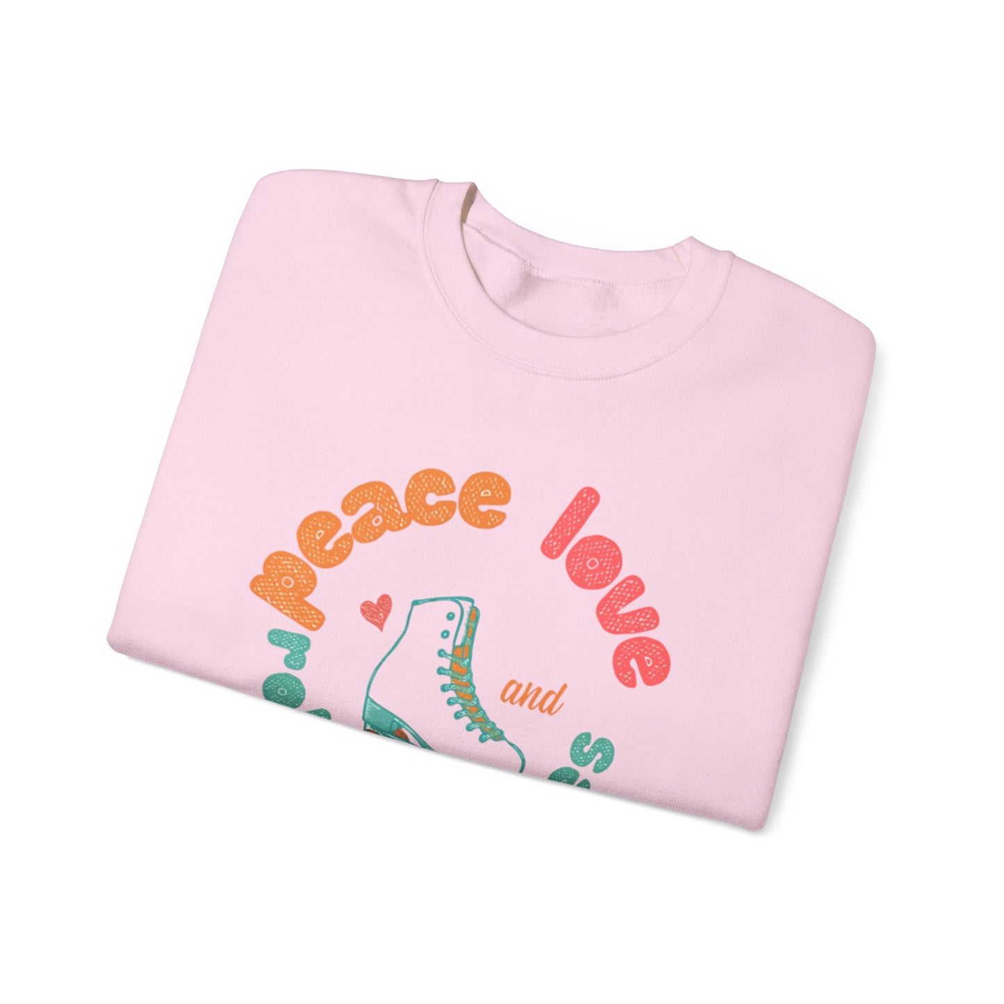 Crewneck Sweatshirt — "Peace, Love & Roller Skates" Retro Roller Skate Graphic