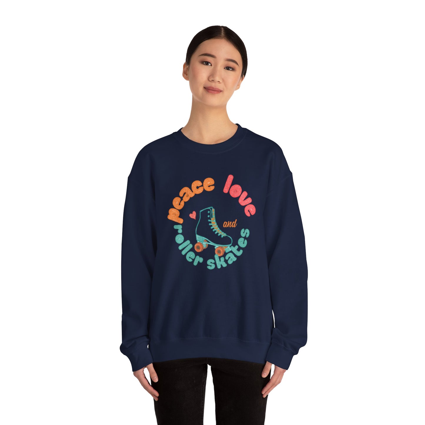 Crewneck Sweatshirt — "Peace, Love & Roller Skates" Retro Roller Skate Graphic