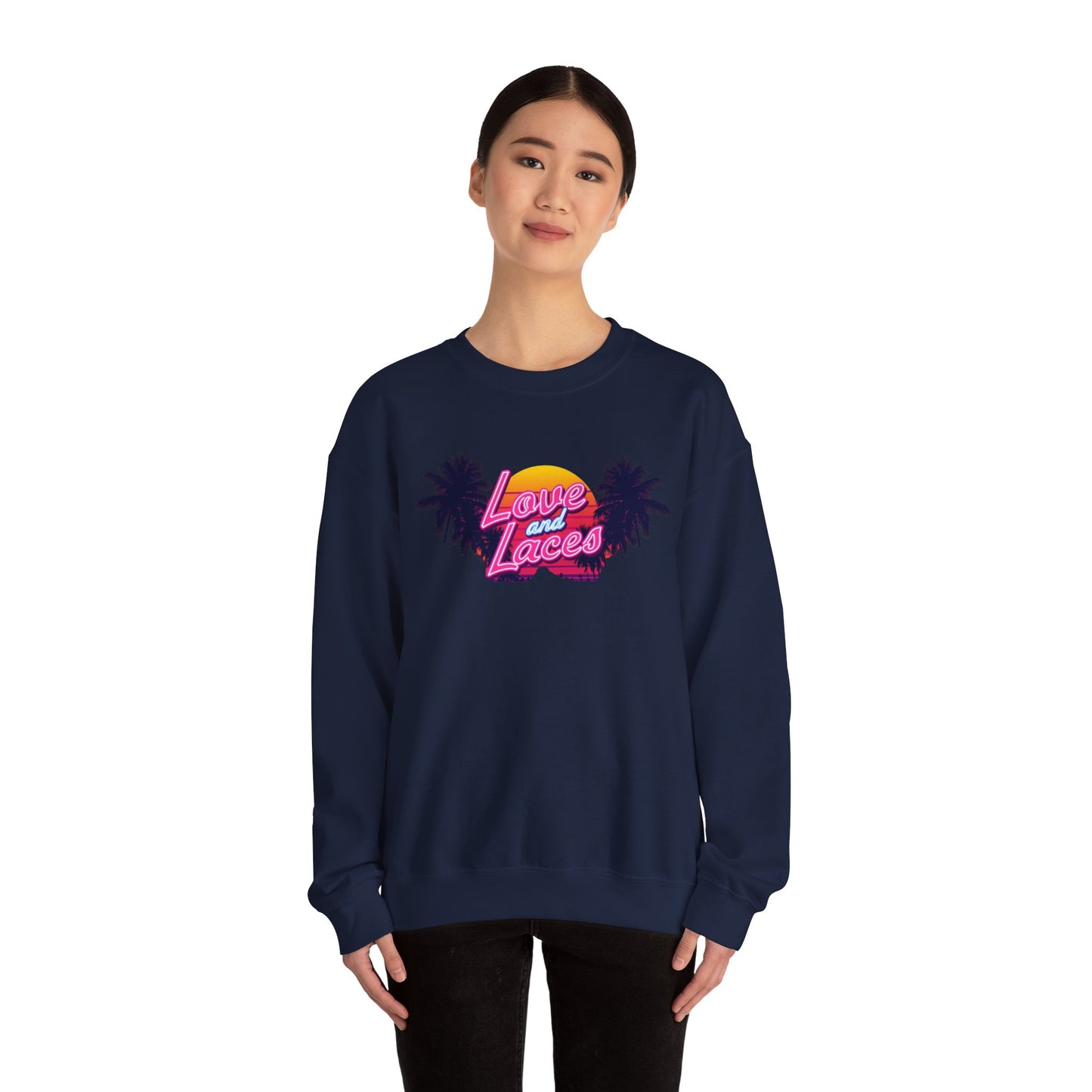 Crewneck Sweatshirt — "Love and Laces" Retro Palm Beach Graphic