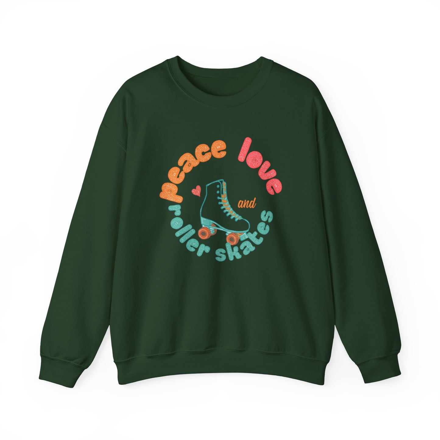 Crewneck Sweatshirt — "Peace, Love & Roller Skates" Retro Roller Skate Graphic
