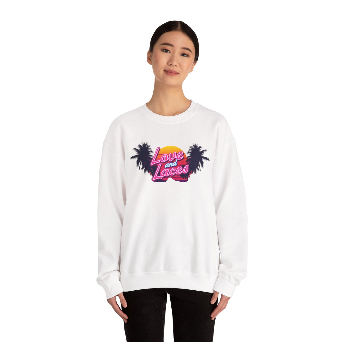 Crewneck Sweatshirt — "Love and Laces" Retro Palm Beach Graphic