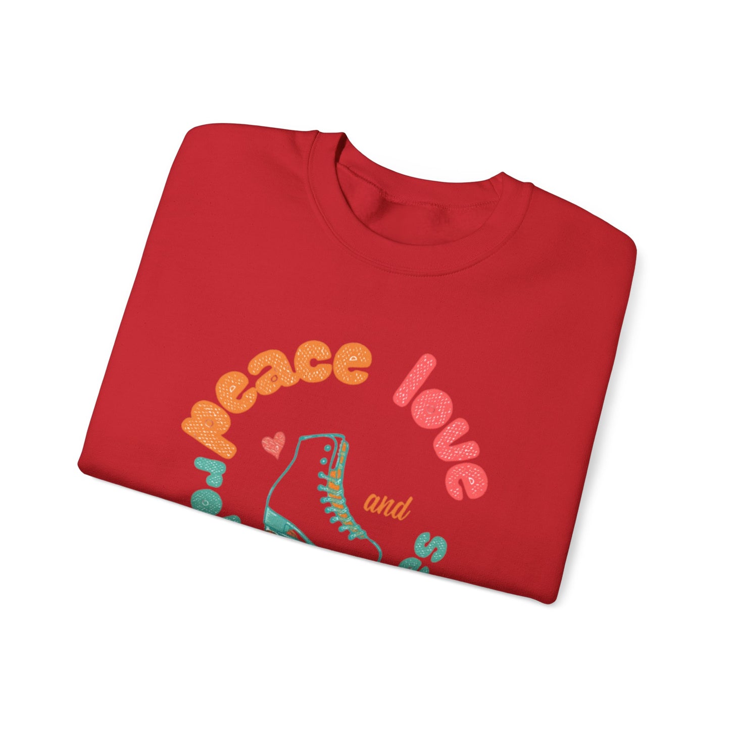 Crewneck Sweatshirt — "Peace, Love & Roller Skates" Retro Roller Skate Graphic