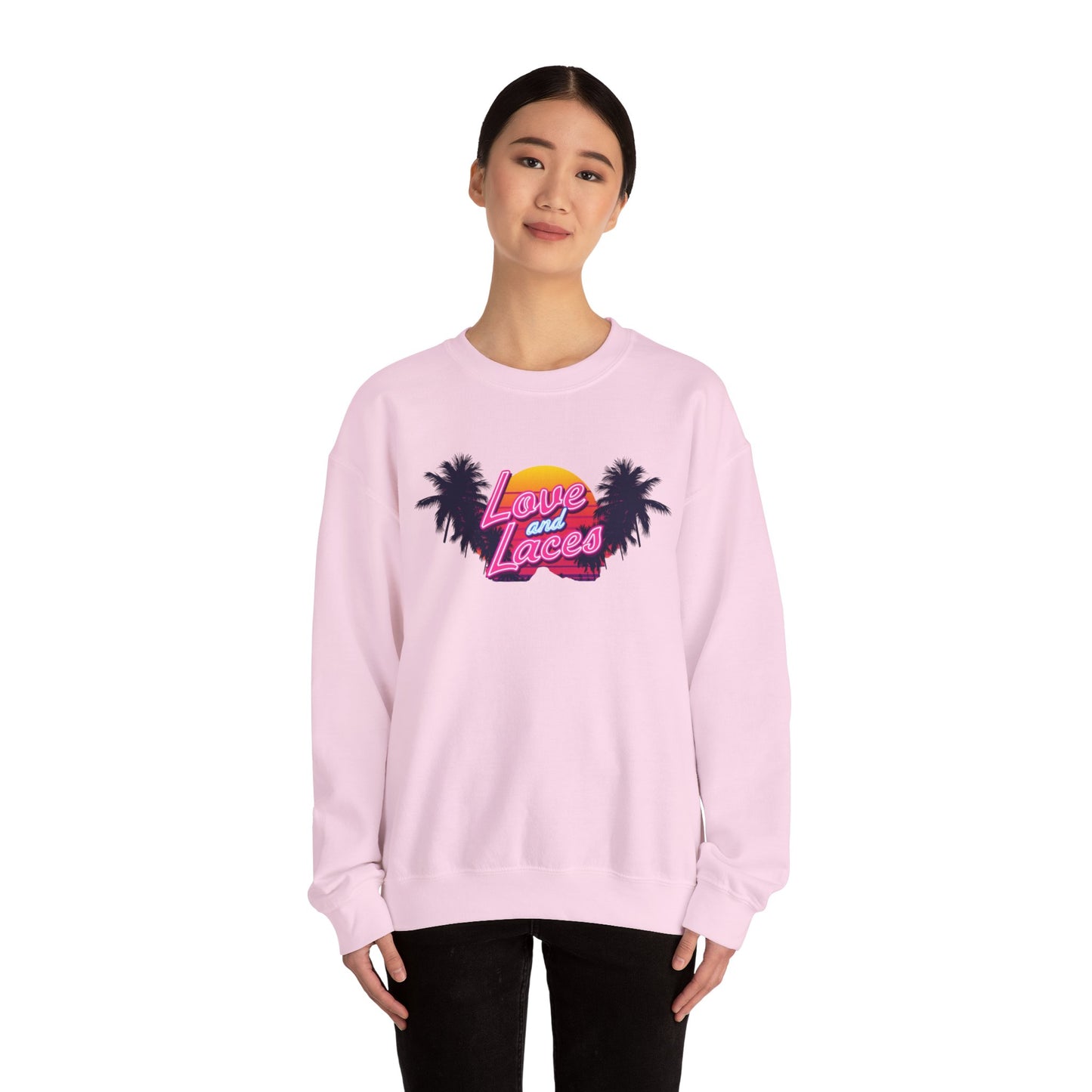 Crewneck Sweatshirt — "Love and Laces" Retro Palm Beach Graphic