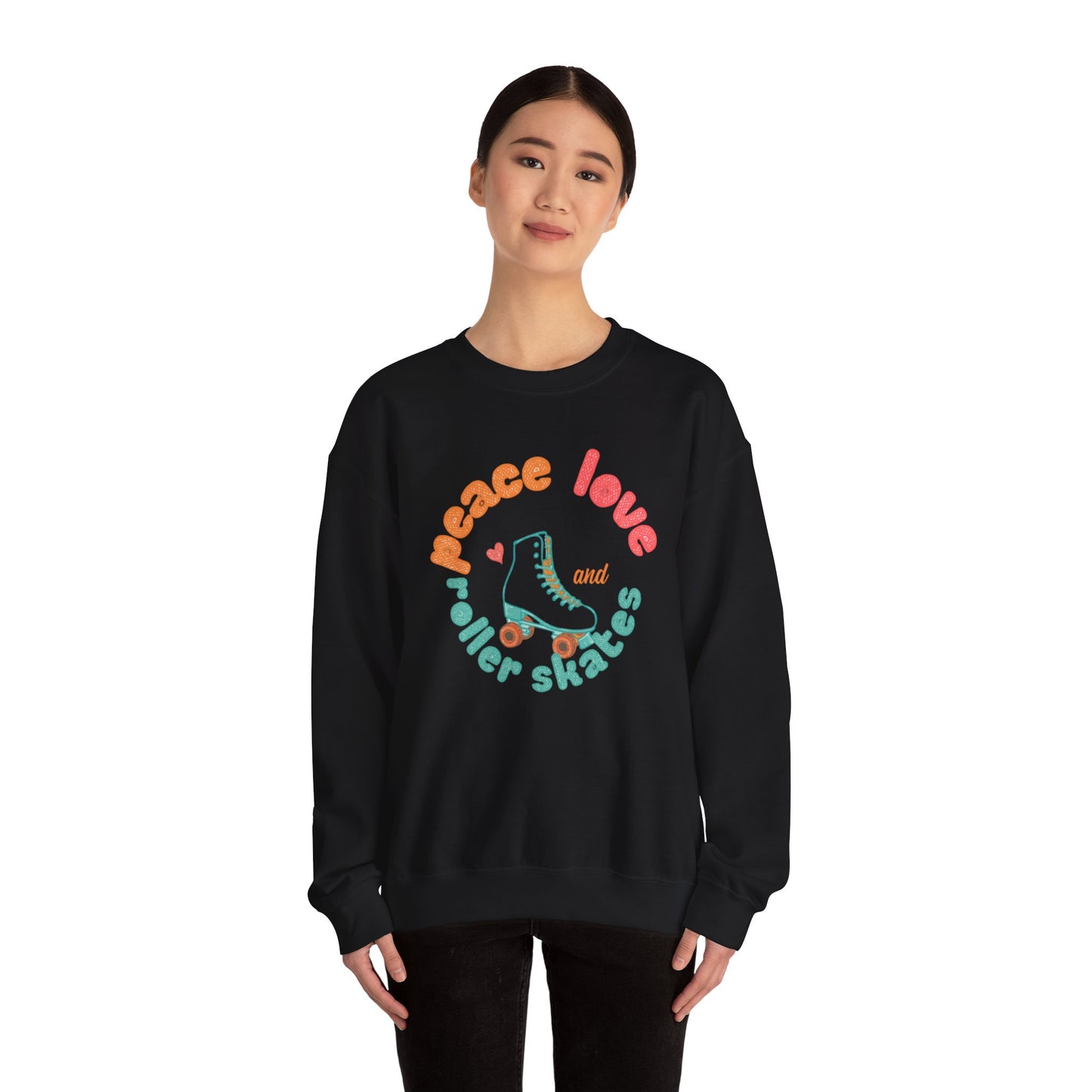 Crewneck Sweatshirt — "Peace, Love & Roller Skates" Retro Roller Skate Graphic