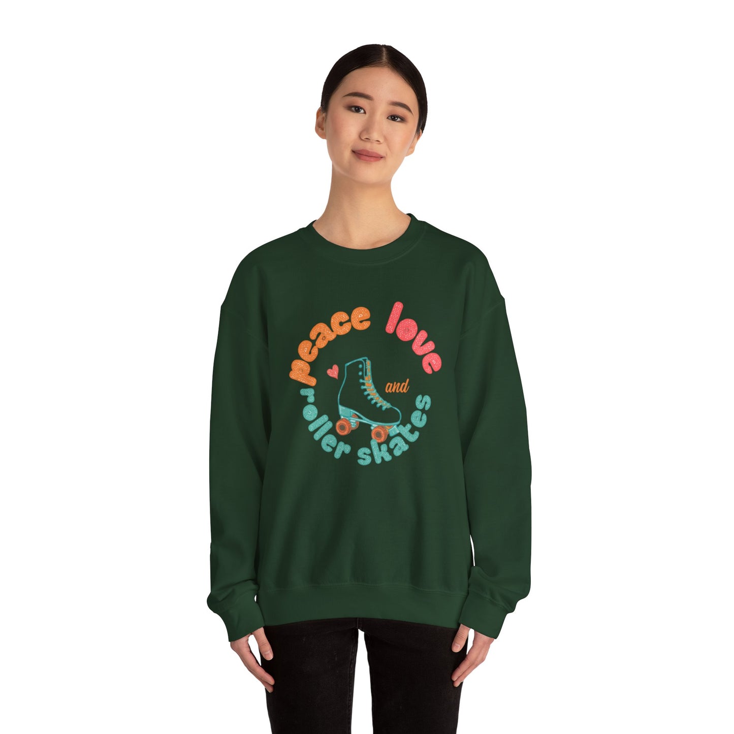 Crewneck Sweatshirt — "Peace, Love & Roller Skates" Retro Roller Skate Graphic