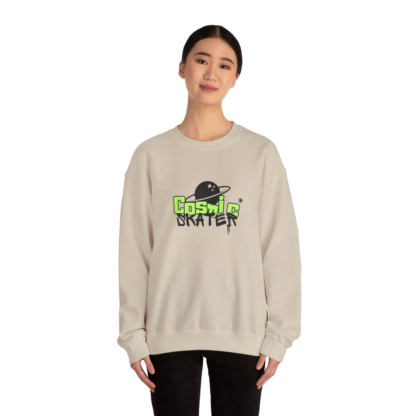 Crewneck Sweatshirt - "Cosmic Skater" Neon Planet Skate Graphic