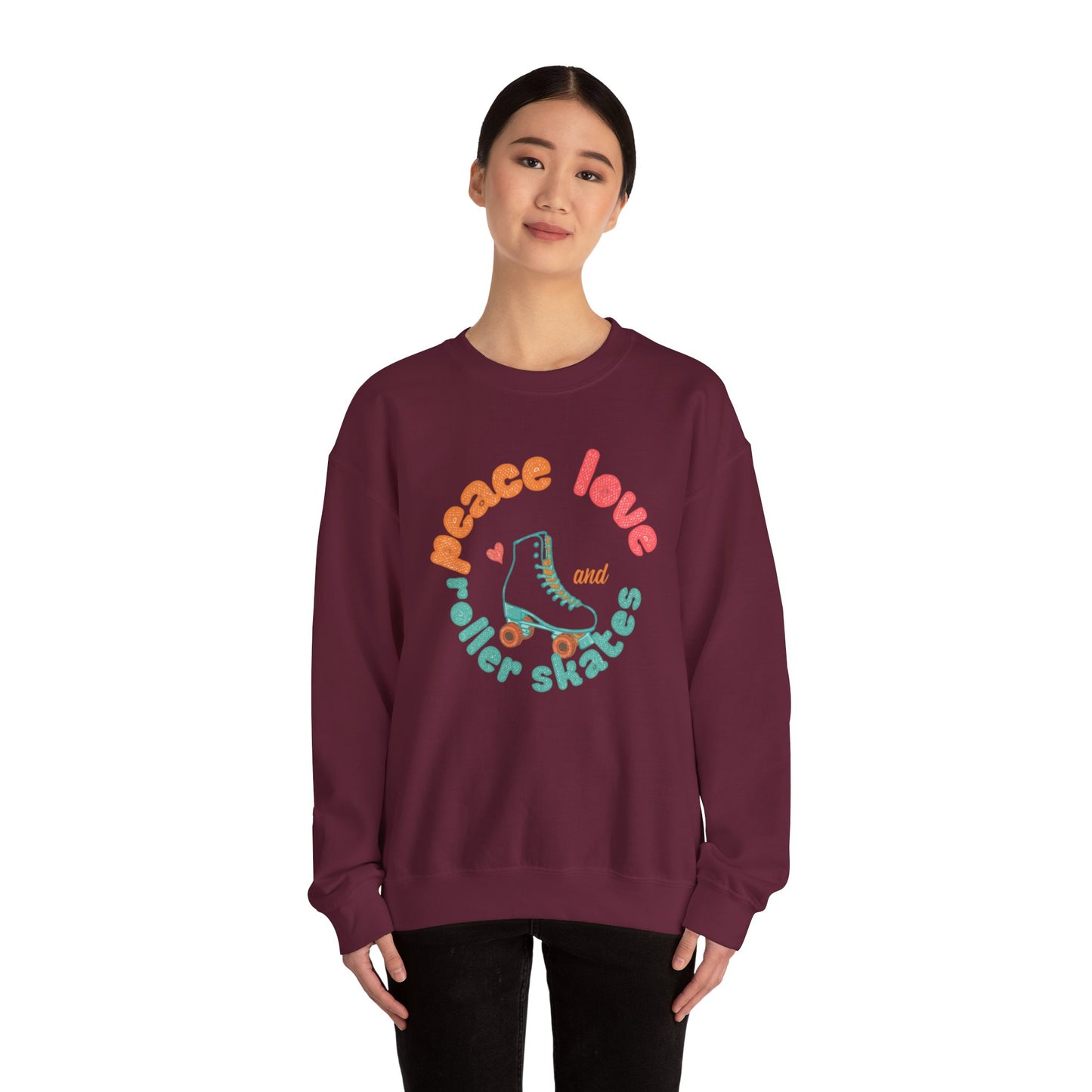 Crewneck Sweatshirt — "Peace, Love & Roller Skates" Retro Roller Skate Graphic