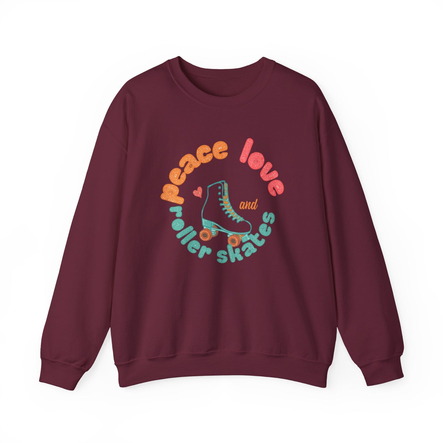 Crewneck Sweatshirt — "Peace, Love & Roller Skates" Retro Roller Skate Graphic