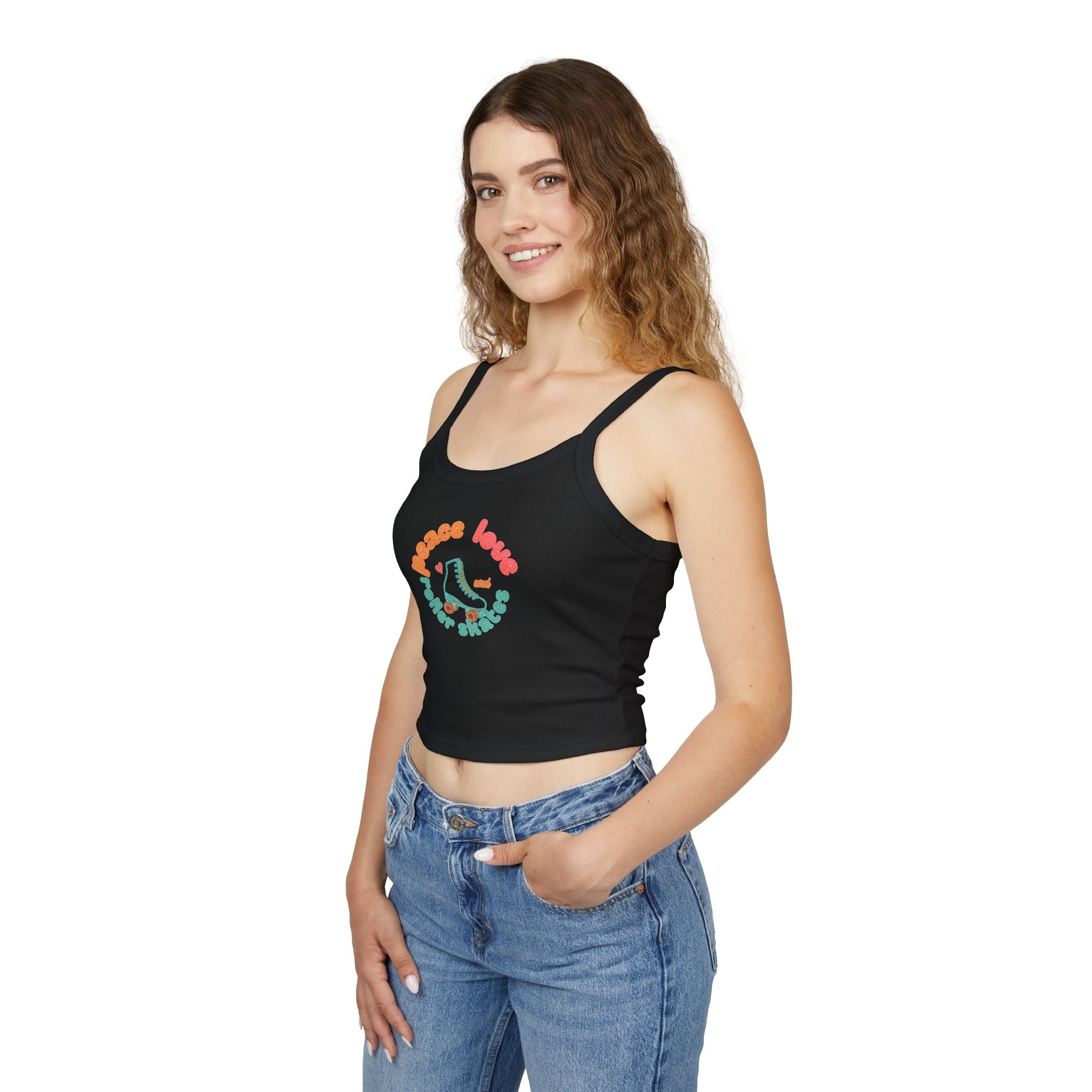 Roller Skates Cute Crop Tank — "Peace Love And Roller Skates" Retro Roller Derby Graphic