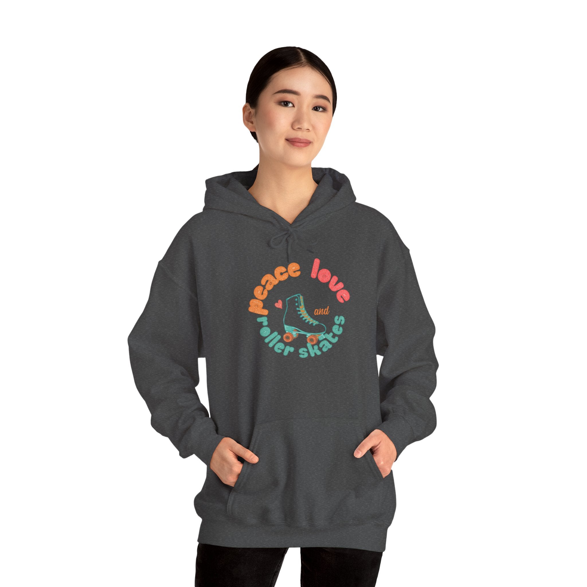 Peace, Love & Roller Skates Hoodie — Retro Roller Skating Graphic Sweatshirt